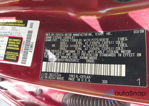 2008 Toyota Tundra Limited 5.7L V8 from USA, damaged, VIN 5TFRV58198X058632
